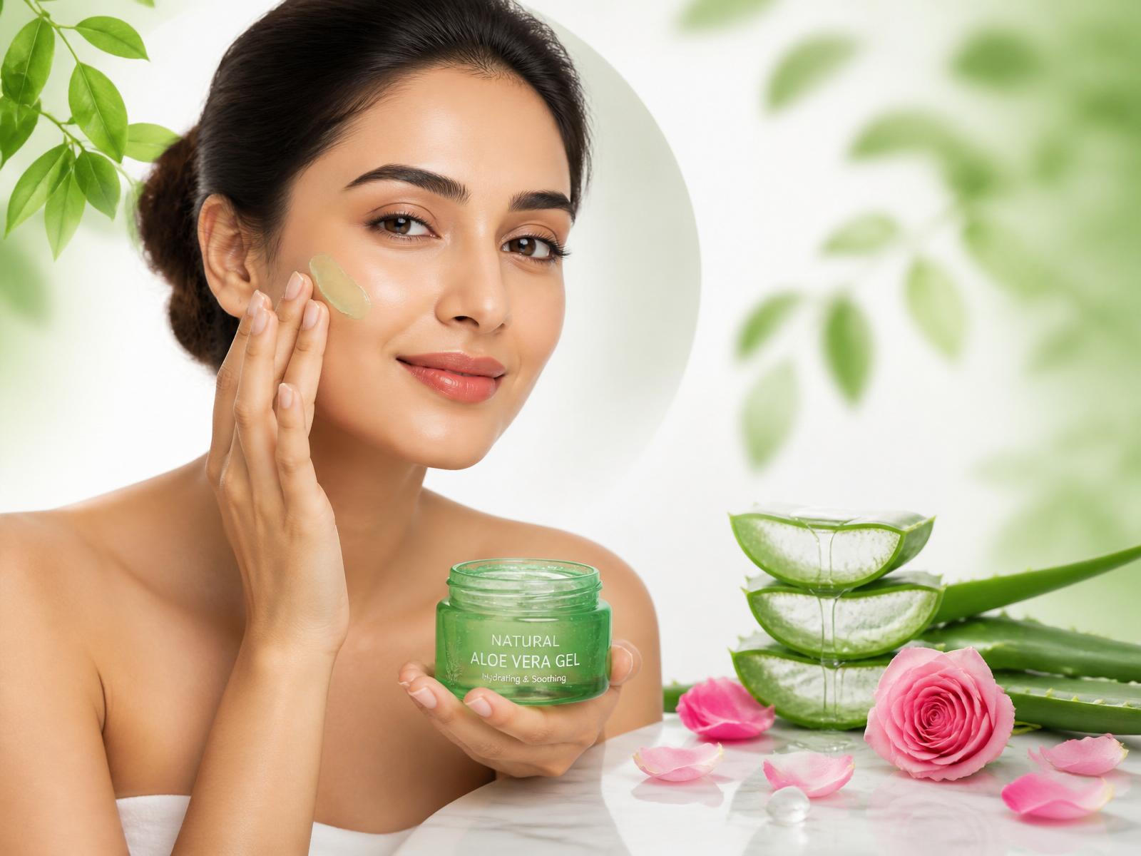 Woman applying natural aloe vera skincare gel